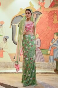 Green and Pink Indo Western Lehenga Choli.