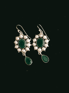 Silver Earrings featuring vibrant green stones and pearls